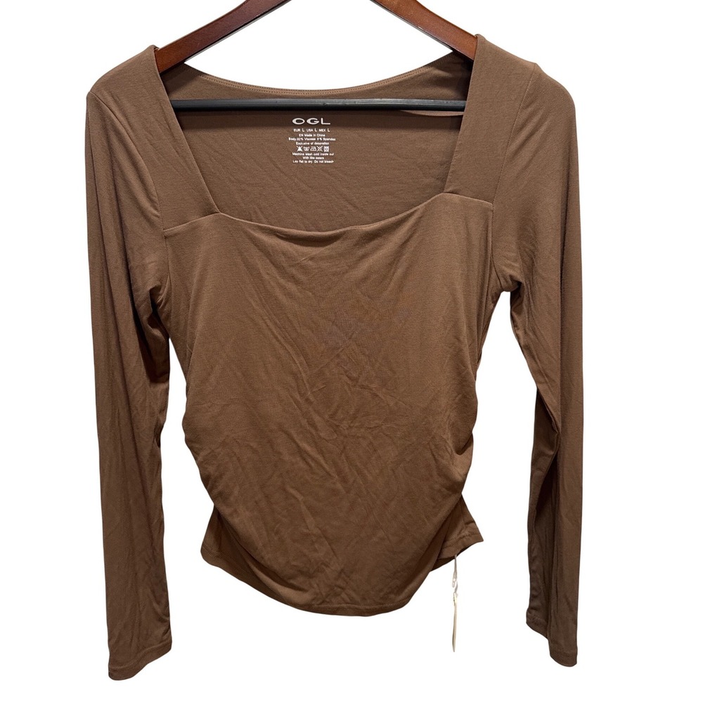 OGL Brown Square Neck Ruched Long Sleeve Top Viscose Stretch Size‎ Large NEW